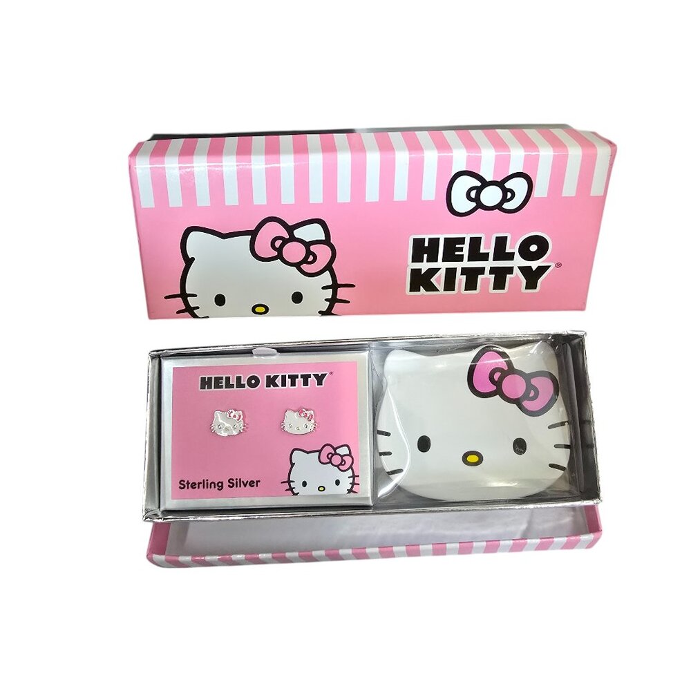 Hello Kitty 2-Pc. Set Enamel Kitty Stud Earrings in Sterling Silver & Dish NWT